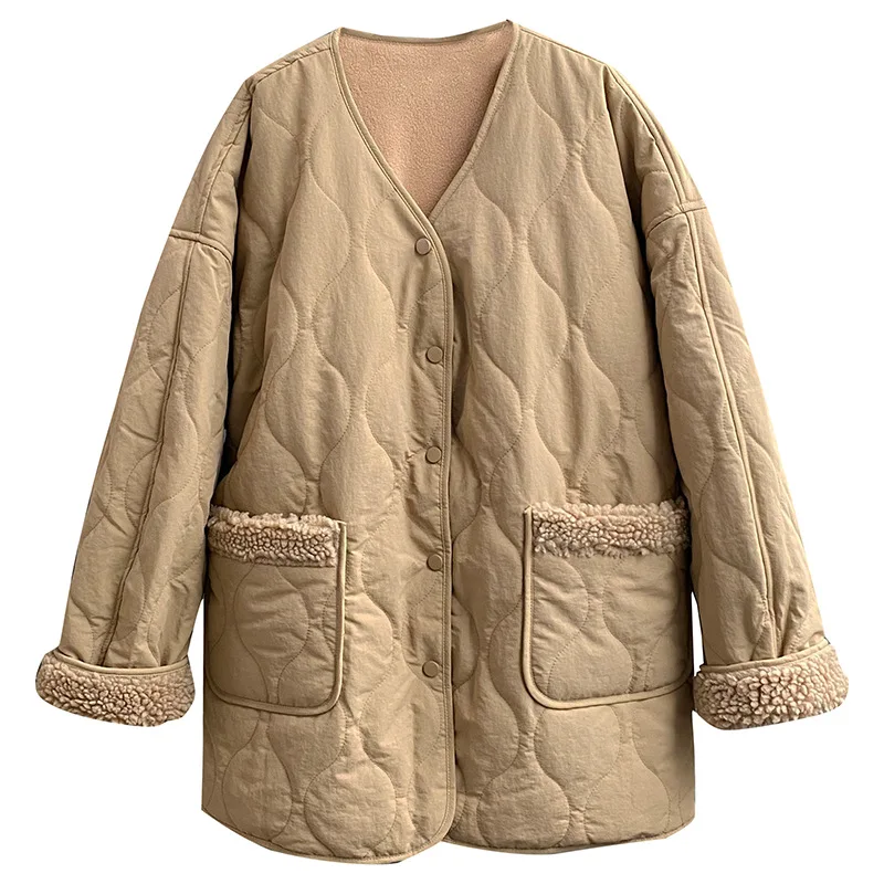 V-Neck Splice Lamb Wool Cotton Coat Women's 2022 Autumn and Winter Cotton Coat