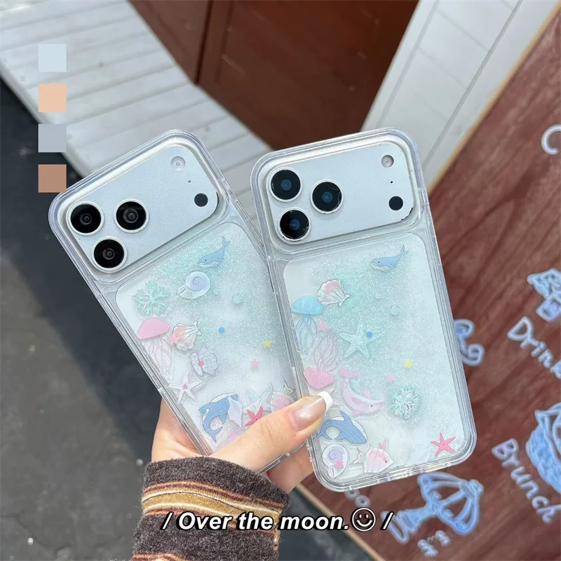 Фото Чехол для iPhone 17 Pro Max 16 15 с блестками, жидким песком и динамическим эффектом: плавающие дельфины и киты, прозрачная крышка с динамическим движением песка №3