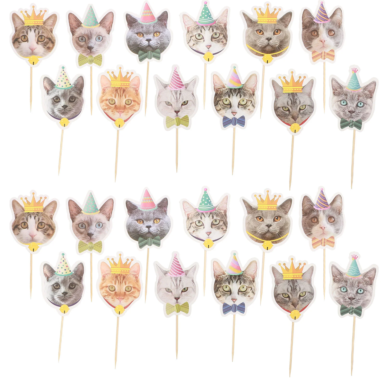 

24 Pcs Decorative Items Happy Birthday Gift Cake Toppers Cat Insert Card Wooden