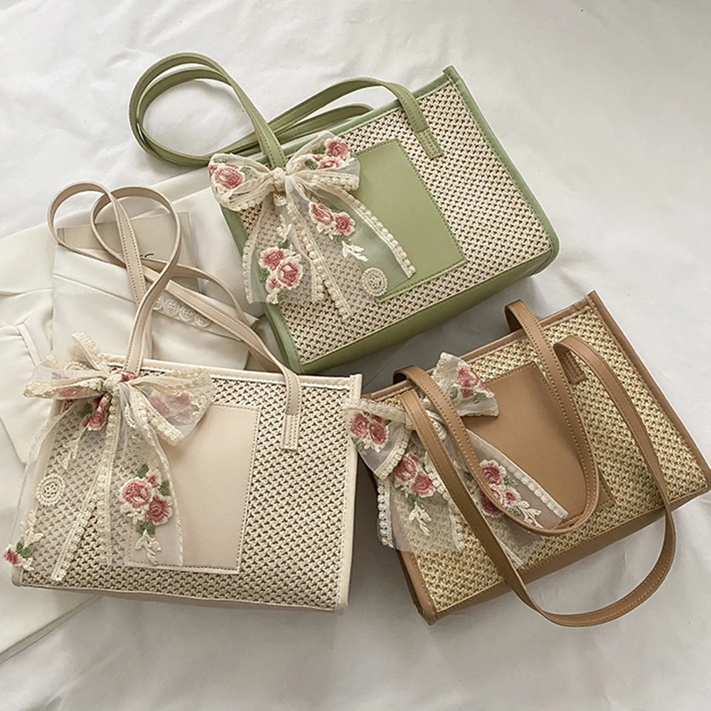 

New Simple Large-capacity Straw Woven Bag Fashion Bowtie Scarf Women's Shoulder Bag Trendy Woven Zipper Handbags for Women