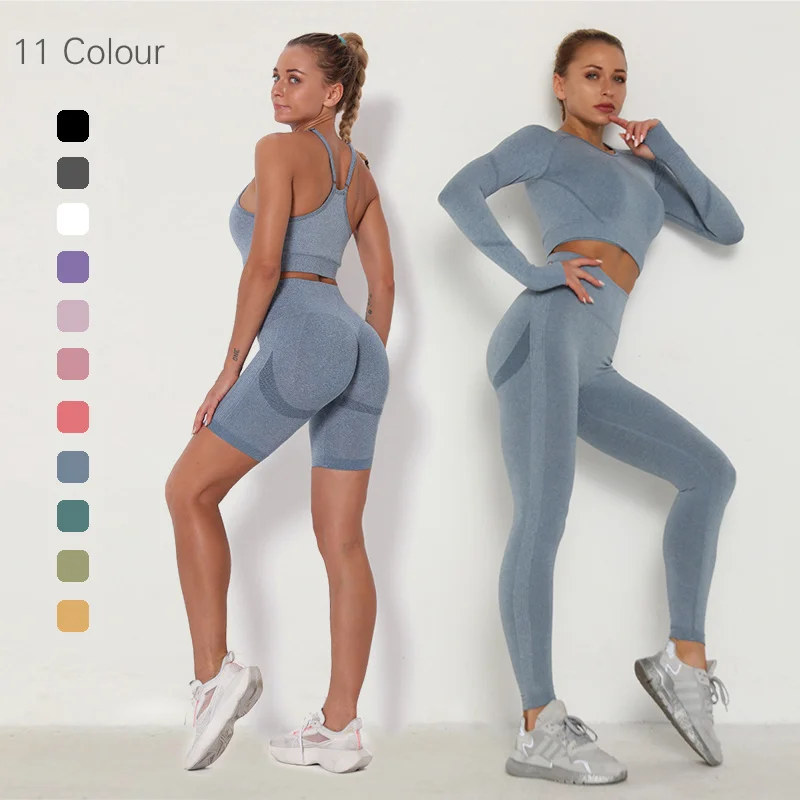 

Seamless Women Gym Set Long Sleeve Top High Waist Belly Control Sport Leggings Gym Clothes Seamless Sport Suit Sexy Booty Girls