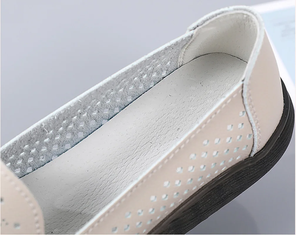Summer Shoes Woman Leather Breathable Ladies Flat Shoes Casual Loafers Slip On Women's Flats Shoes Female Hollow Holes Shoes
