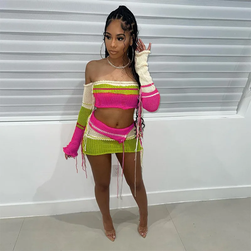 

2023 Summer Women's Knitted Hollow Lace-up Sleeves Wrapped Around The Breasts Exposed Hip Short Skirt Knitted Suit