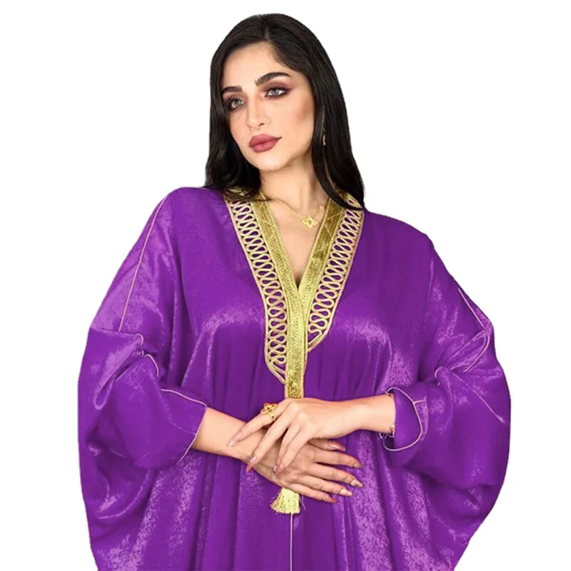 

Fashion Muslim Kimono Abaya Velvet Gold Ribbon Batwing Sleeve Open Front Gown Dress for Women Arabic Moroccan Turkey Caftan 2021