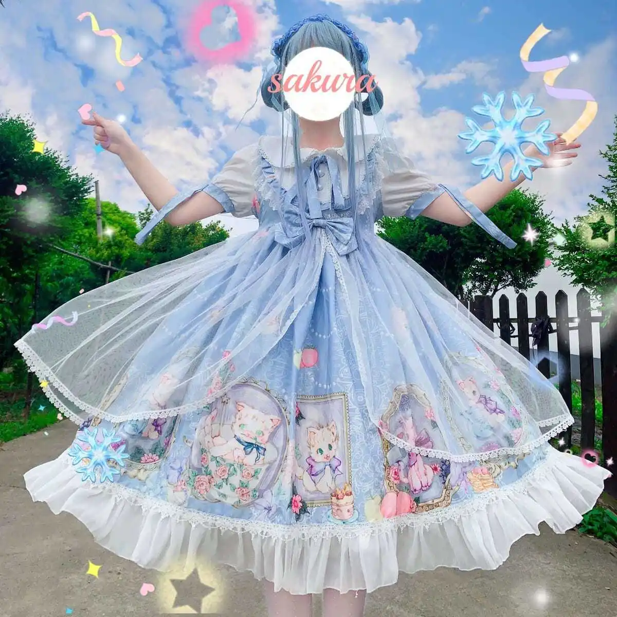 Plus Größe Japanischen Süßen Blau Drucken Lolita Tee Kaninchen Diener Kleid Kurzarm Kleid Renaissance Gothic Kleid Tee Party Kleid