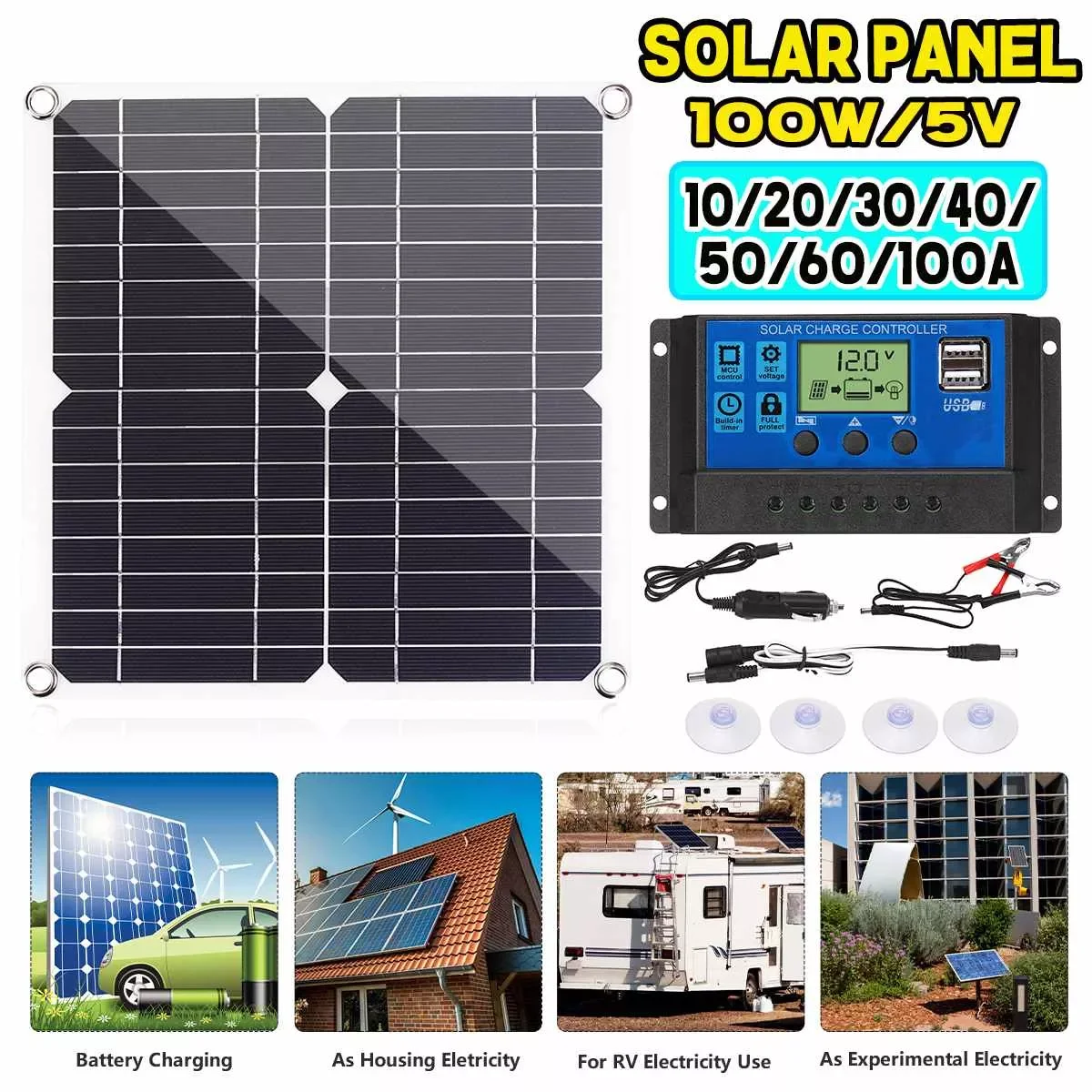 

100W Solar Panel Monocrystaline USB Quick Charger Kit 10/20/30/40/50A Solar Controller Waterproof Solar Cell for Car Yacht RV
