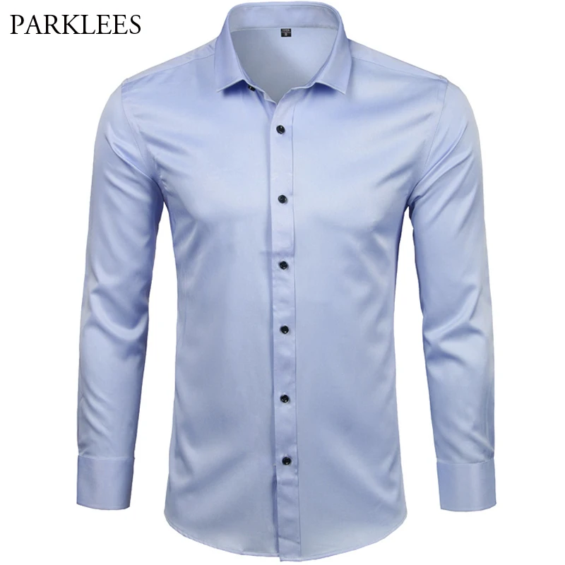 Men's Bamboo Fiber Dress Shirts Casual Slim Fit Long Sleeve Male Social Shirts Comfortable Non Iron Solid Chemise Homme Blue