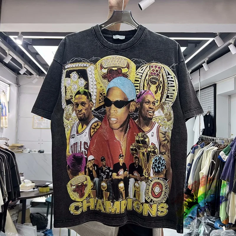 

Nice Washed Heavy Fabric Rodman Print Hip Hop T-Shirt Men Women T Shirt Tops Tee