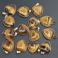 new natural heart shape tiger eye stone pendant necklace electro plated gold edge fashion charms making jewelry accessories10pcs