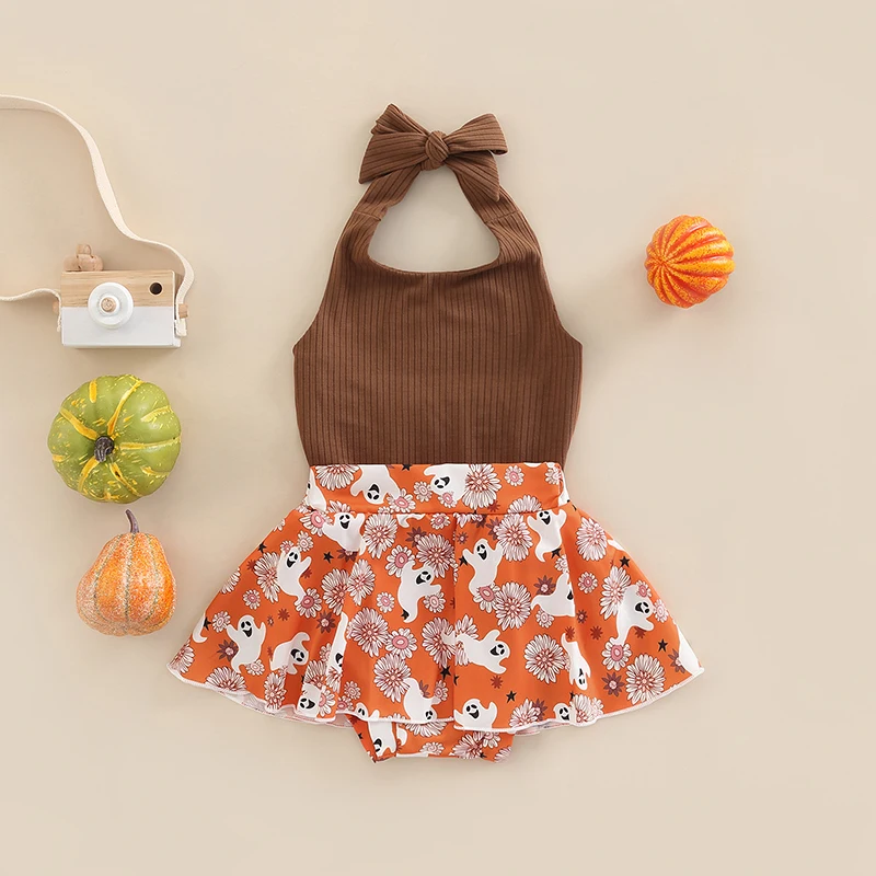 

0-24M 2pcs Baby Girls Halloween Clothes Sets Sleeveless Halter Solid Romper Tops+ Ghost Printed Skirts