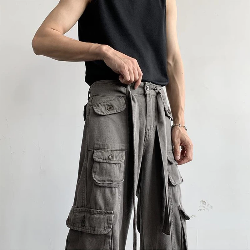 

Spring Fashion Mutil Pockets Cargo Pants Men Summer Trend Streetwear Long Pant Mens Casual Solid Color Drawstring Tie-up Trouser