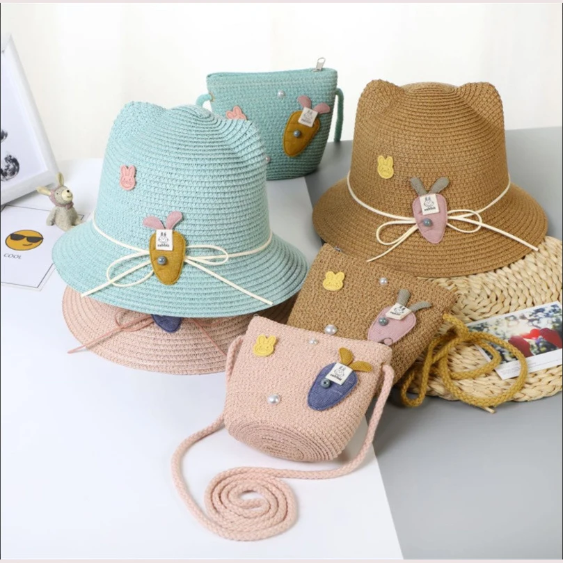 

Fashion Cute Kids Summer Sun Hat Rabbit Carrot Sunscreen Cap Straw Hat Bag For Girls Kids Tavel Holiday Beach Hat Girl Baby Hat
