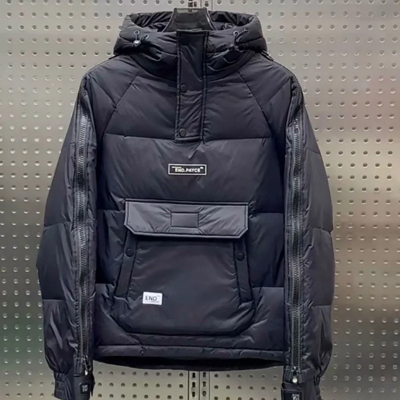 Men's Hooded Tooling Parkas Big Pocket Padded Jacket Trendy Thicken Warm Pullover Coats Couple Versatile Sleeve Zipper Jackets