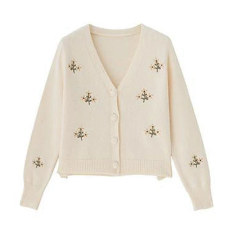 Женский короткий кардиган с вышивкой и V-образным вырезом