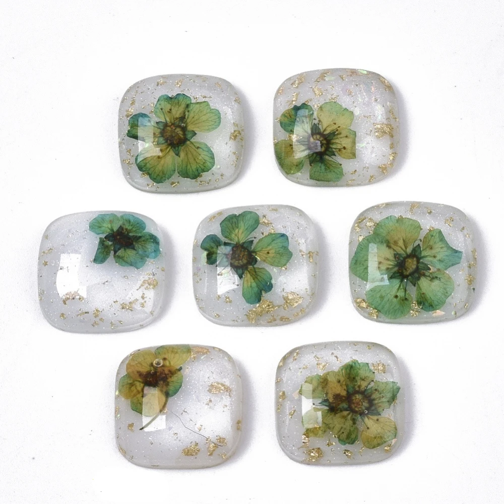 

5PC Epoxy Resin Cabochons with Gold Foil and Real Flower Dried Inside Square Green