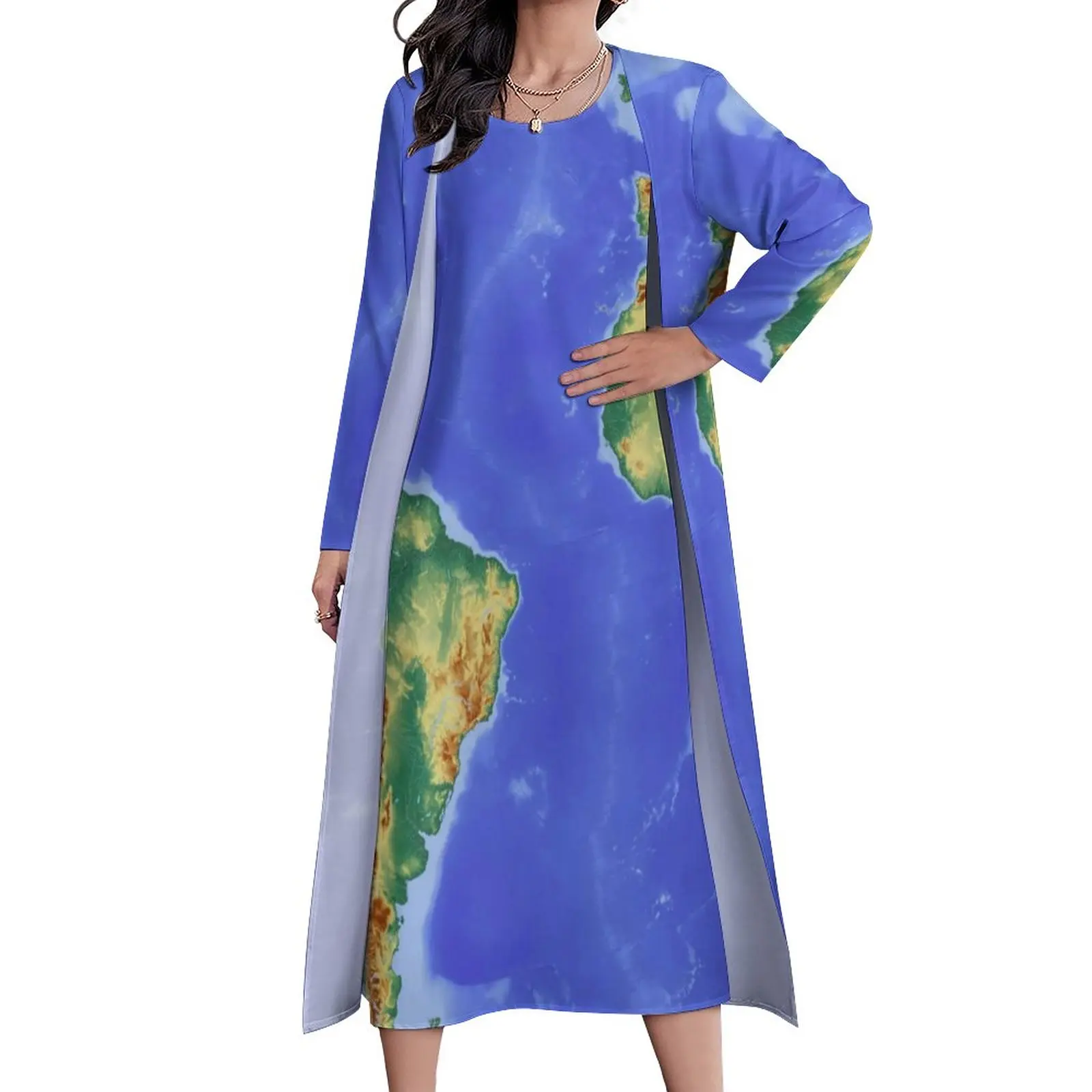 

Cool Earth Map Dress Autumn Map of The World Aesthetic Boho Beach Long Dresses Ladies Custom Cute Maxi Dress 3XL 4XL 5XL