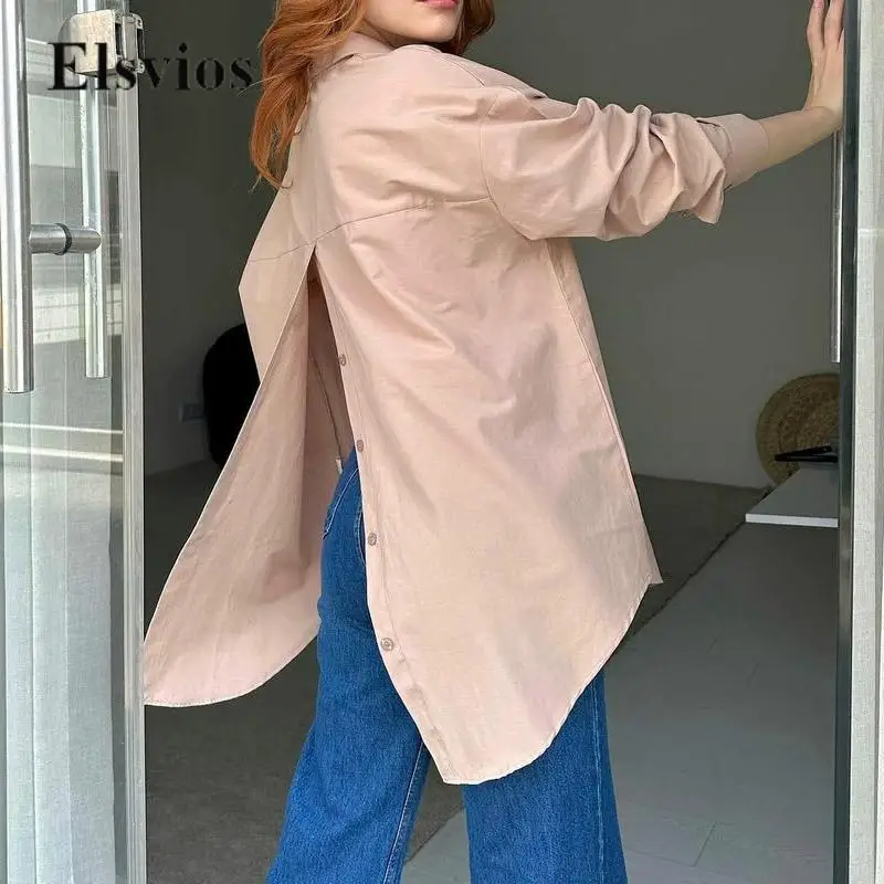 

Casual Long Sleeve Single-breasted Lapel Shirt & Top Solid Loose Blouse For Women Fashion Back Buttoned Slit Design Shirts Blusa