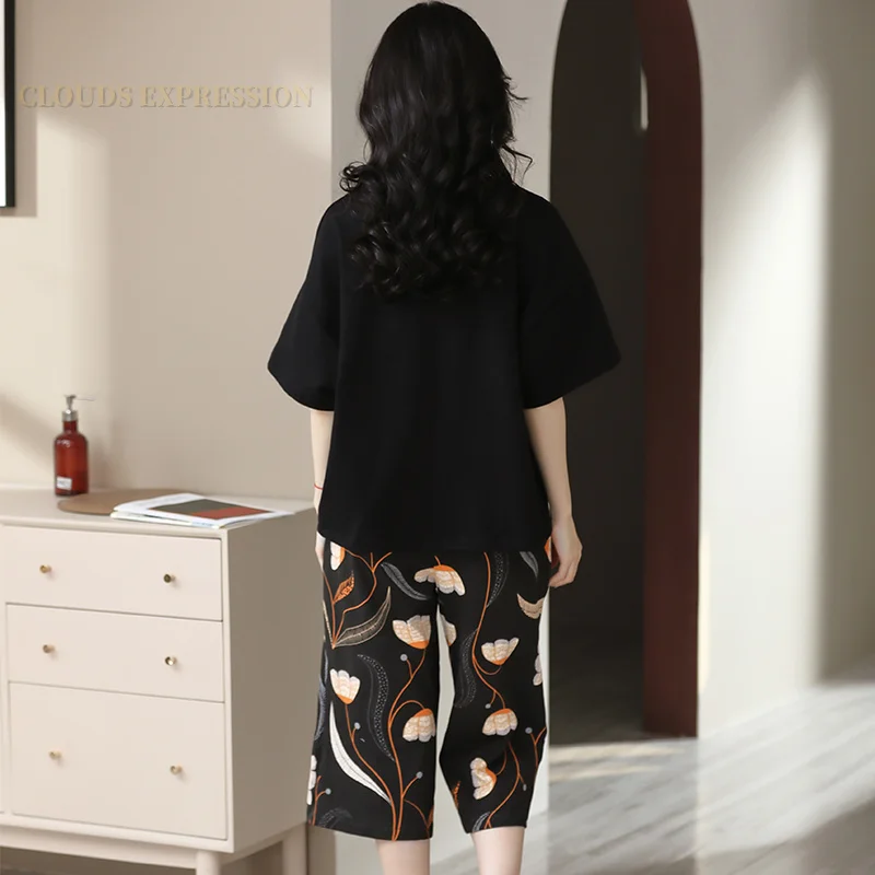 Summer  Elegant Women Floral Pajama Sets Short Sets Capris Knitted Cotton Sexy Black Sleepwear FemalePajamas Lounge Pijama Mujer