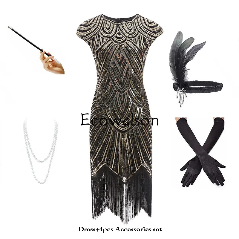 

Женское платье с кисточками и повязкой на голову, набор аксессуаров для вечеринки в стиле 1920-х, ожерелье, перчатки, держатель сигареты, набор...