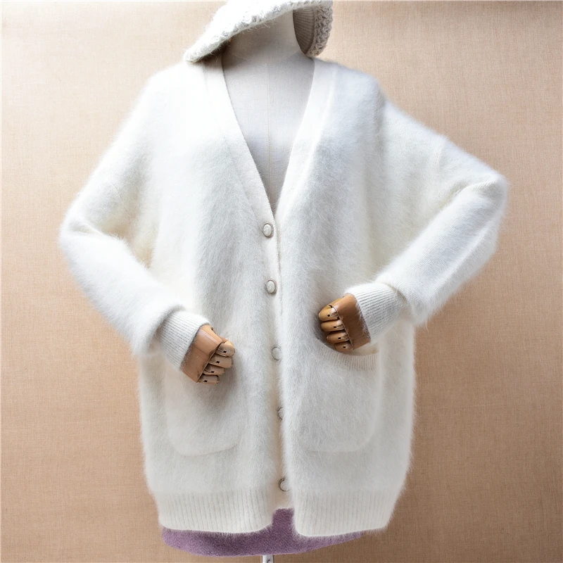 

Female Women Fall Winter Clothing Beige Hairy Angora Rabbit Hair Knitted V-Neck Long Sleeves Loose Cardigans Jacket Sweater Coat