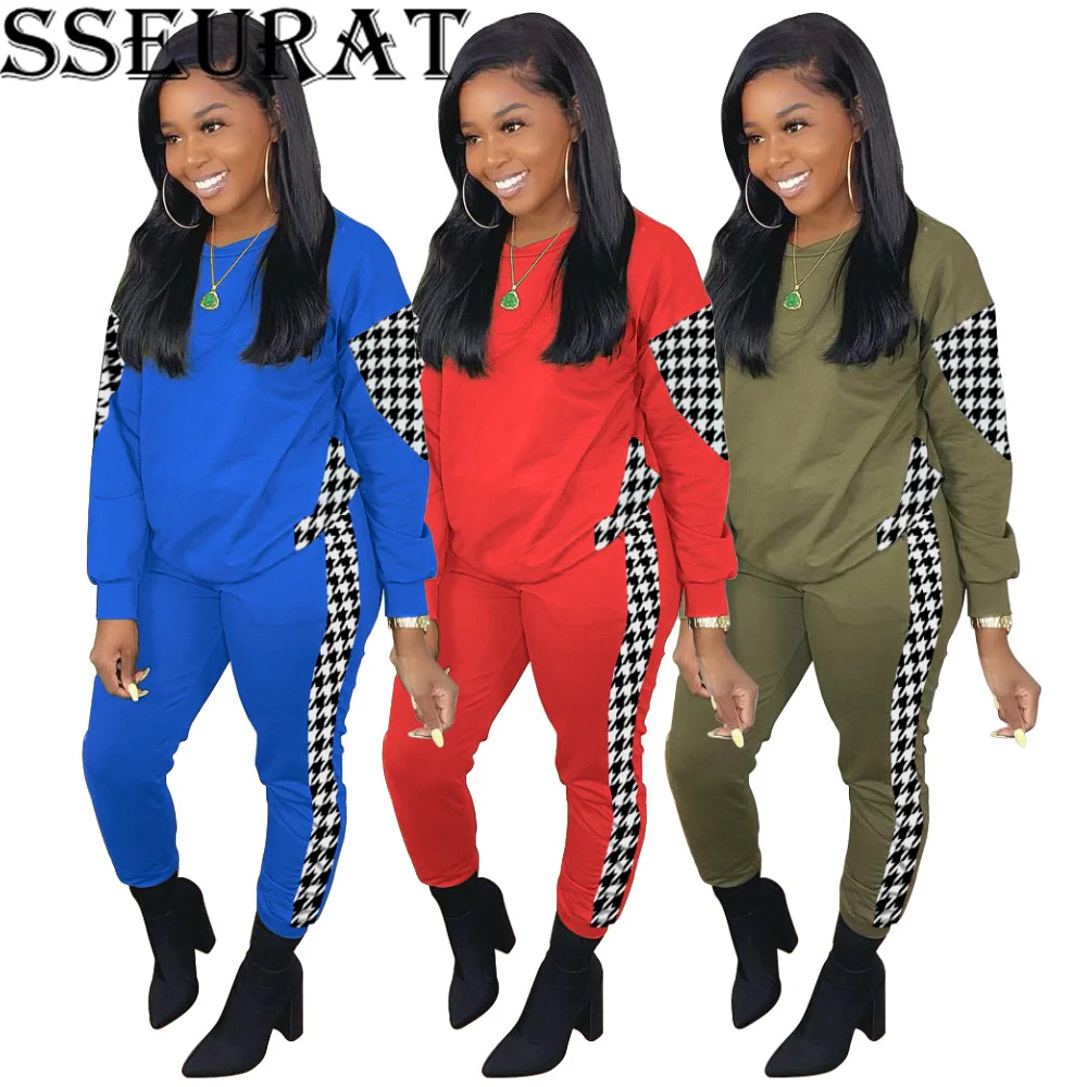 

Женский комплект из топа и брюк SSEURAT, осенний костюм с принтом «гусиные лапки» и длинными рукавами