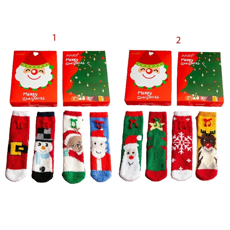 

4 Pairs Women Christmas Fuzzy Slipper Socks Cartoon Santa Tree Warm Hosiery Gift