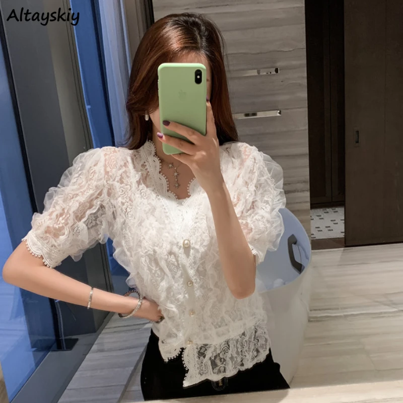 

Shirts Women Lace V-neck Sexy Ulzzang Gauze Mature French Style Trendy Топ Женский Simple Street Wear Летние Solid All-match New