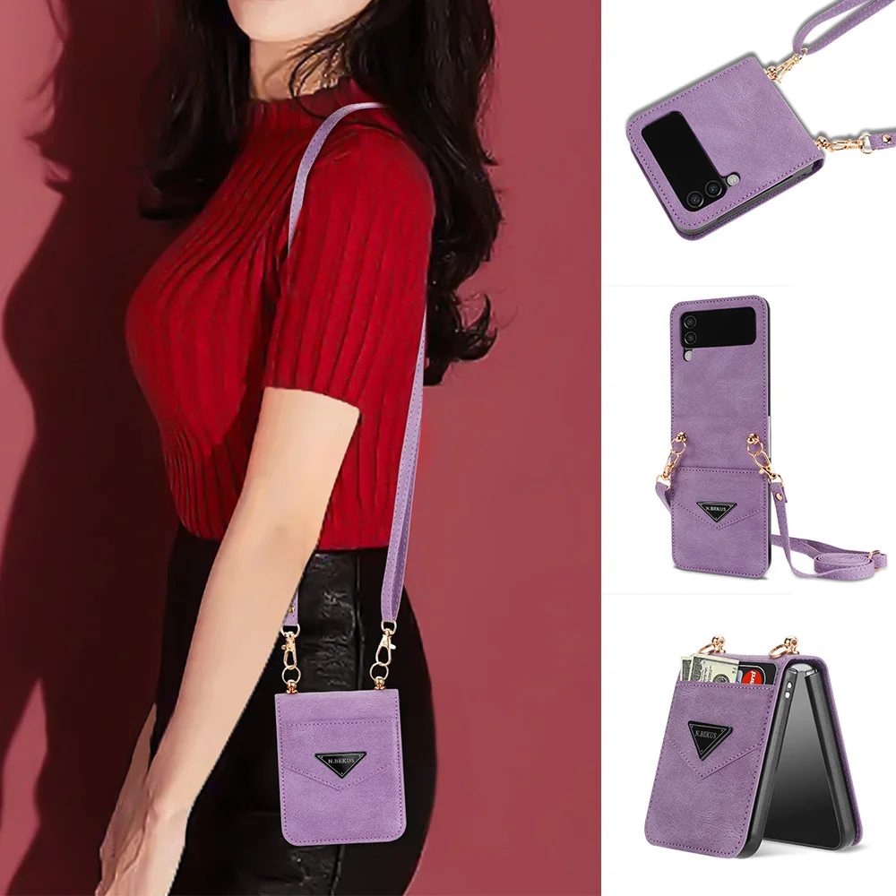 

Чехол-Кошелек через плечо для телефона Samsung Galaxy Z Flip 4 3 5G Flip4 Flip3 с отделением для кредитных карт противоударный кожаный чехол с ремешком