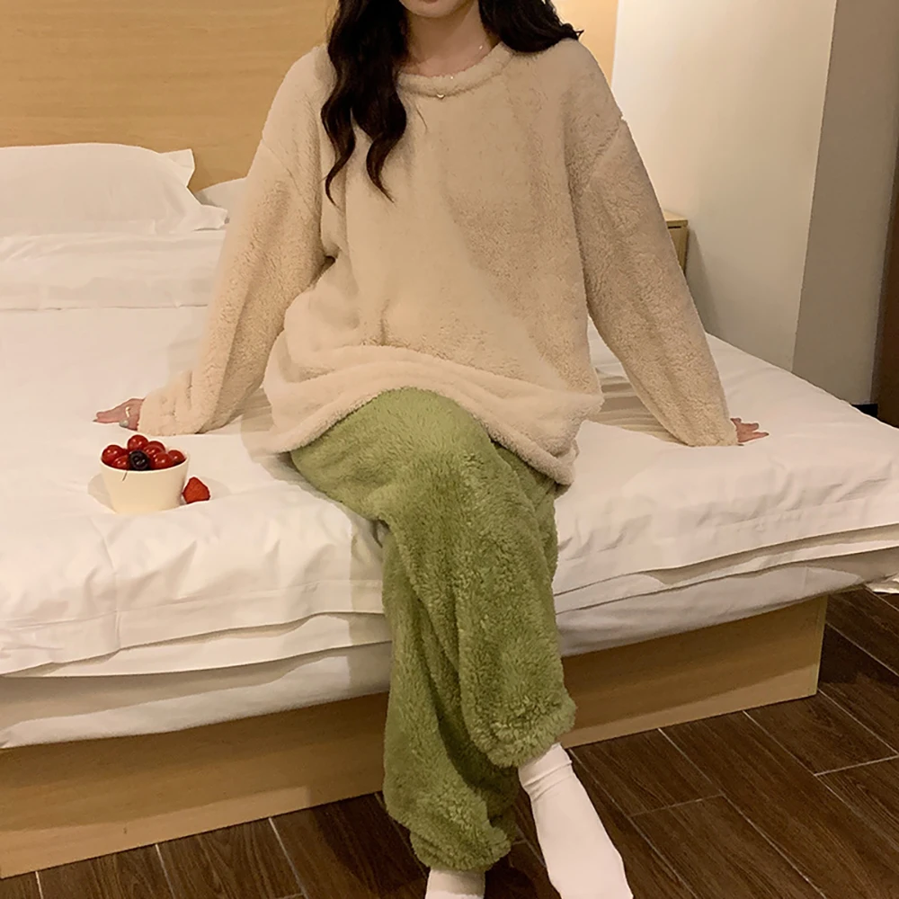 Women's Winter Flannel Warm Pajama Sets Solid Casual O Neck Loose Sleepwear for Sleeping Plush Pijama Set Soft Comfort Pyjamas