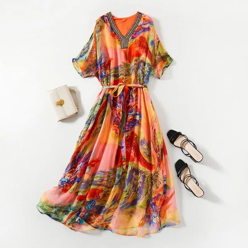 Платье Tcyeek из натурального шелка тутового шелкопряда длинное платье с принтом