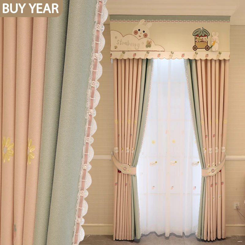 

Cartoon Curtains for Living Room Bedroom Flying Rabbit Girl Pink Children's Room Bedroom Curtain Cute Little Rabbit Radish Lace