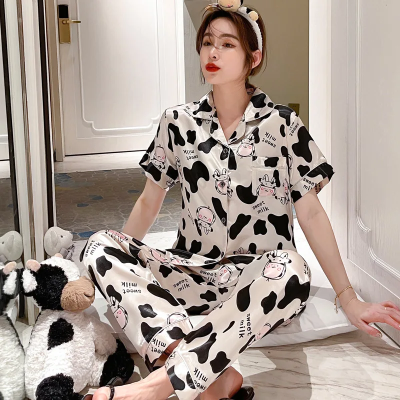 Cute Cow Pajamas Summer Women Short Sleeve Trousers Suit Sweet Women's Home Service Two-piece Suit Pajamas Set Ice Silk Pyjamas
