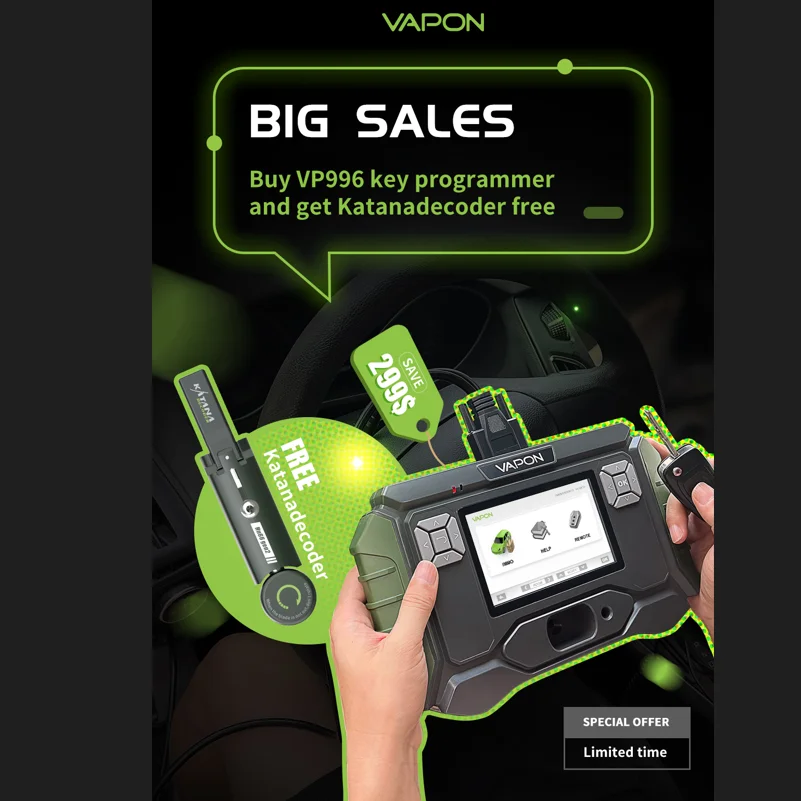 

Большая распродажа, купить программатор ключей VAPON VP996 и получить программатор Katanadecoder, бесплатное пожизненное обновление, профессионально...