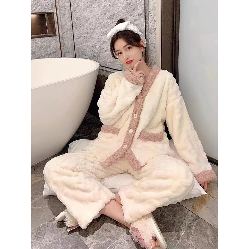 Winter Warm Pajamas Women Fashion Solid Color Thick Sleepwear Sets Home Clothes