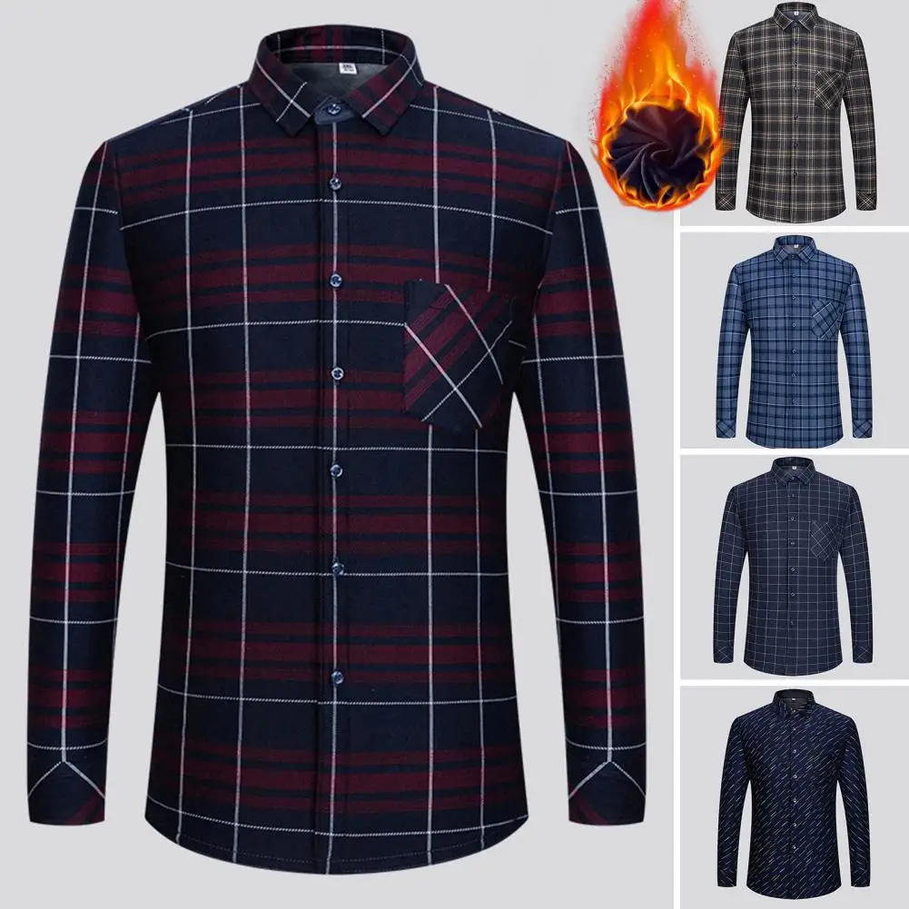 

Рубашка мужская с воротником на пуговицах, однобортная клетчатая Деловая одежда с лацканами, с плюшевым воротником, с флисовой подкладкой, одежда для работы
