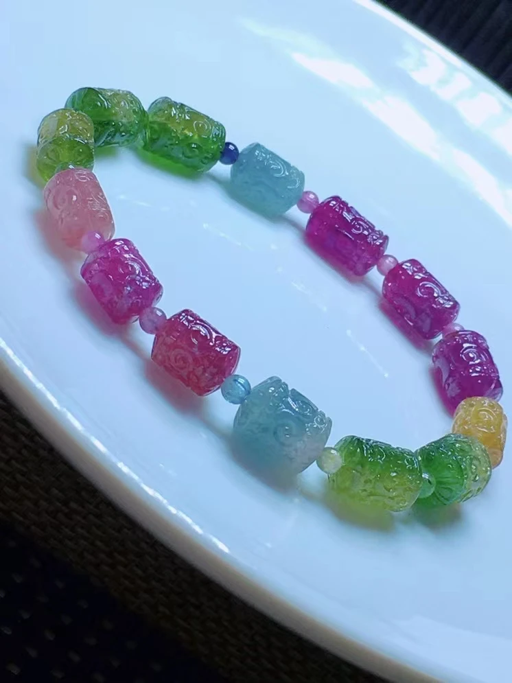 

Natural Colorful Tourmaline Clear Carved Beads Bracelet 7.5X10.5mm Rainbow Watermelon Tourmaline Women Jewelry AAAAAAA