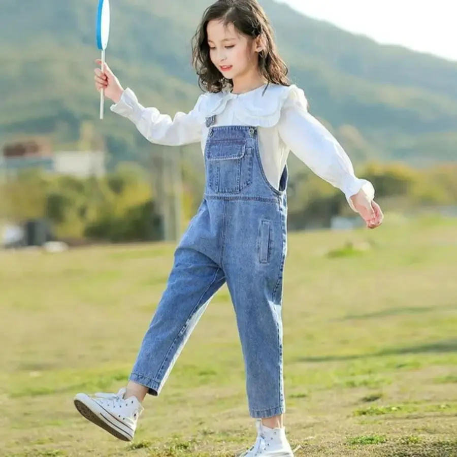 

Spring Girl Cotton Set Quality Autumn Clothing - Fashion Doll Collar White Shirt +Suspender Jeans 2 Piece Sets Kids Clothes