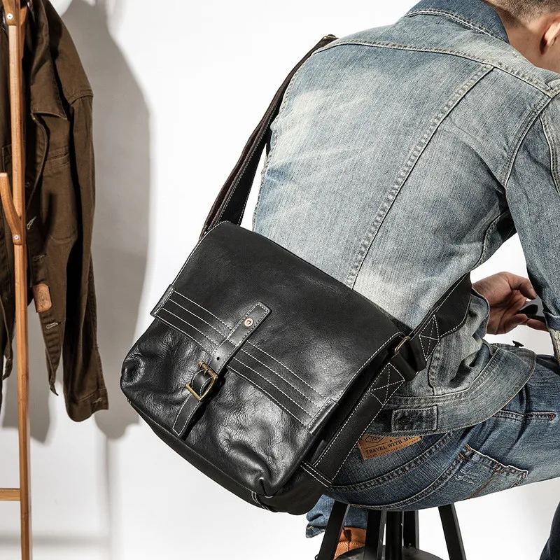 Casual high quality luxury genuine leather men's work black messenger bags daily natural real cowhide designer shoulder bag