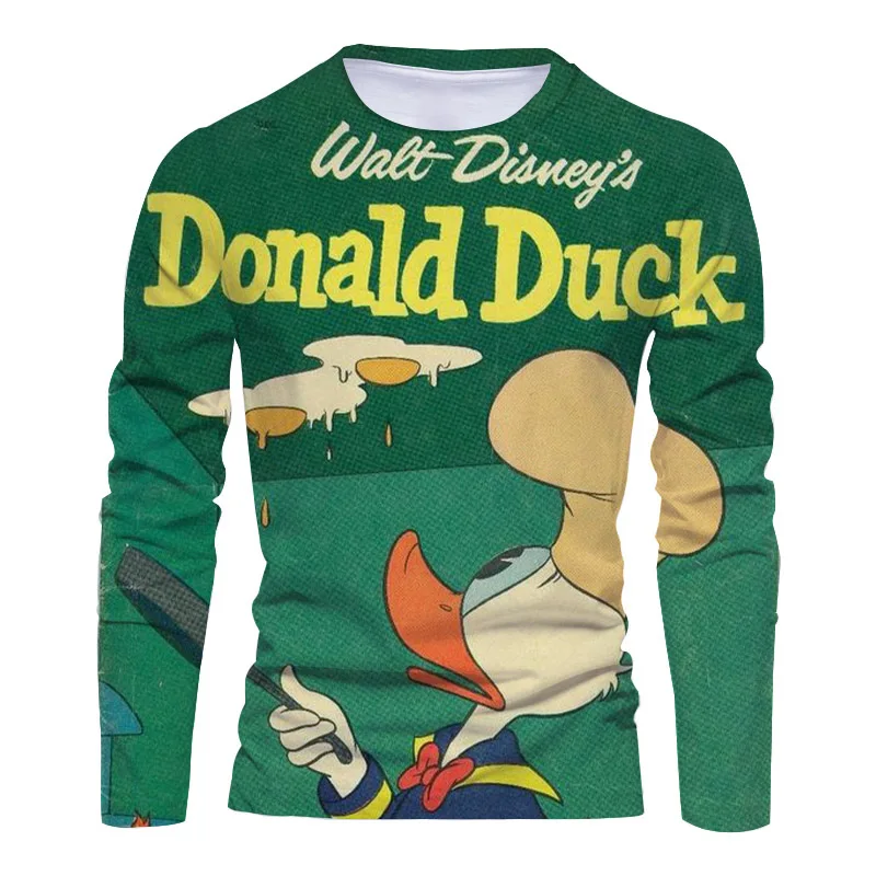 Fall 2024 Disney Brand Stitch and Donald Duck Anime 3D Printed New Beach Party Casual Trend Men's Crew Neck Long Sleeve T Shirt