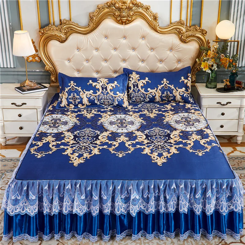 

3Pcs Bed Sheet Lace Skirt Elastic Fitted Double Bedspread Mattress Cover Home Pillowcase Bedding Set Bedsheet 2 Seater