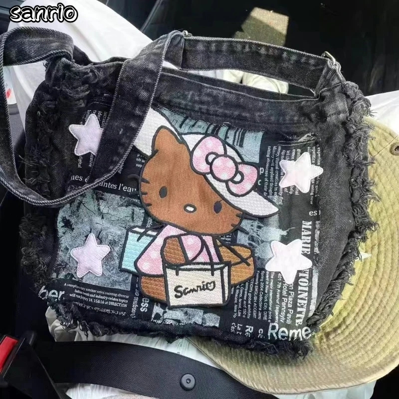 

Sanrio Hello Kitty Y2K Messenger Bags Vintage Fashion Denim Handbags Large Capacity Shoulder Bag Tote Bags American Women Bag