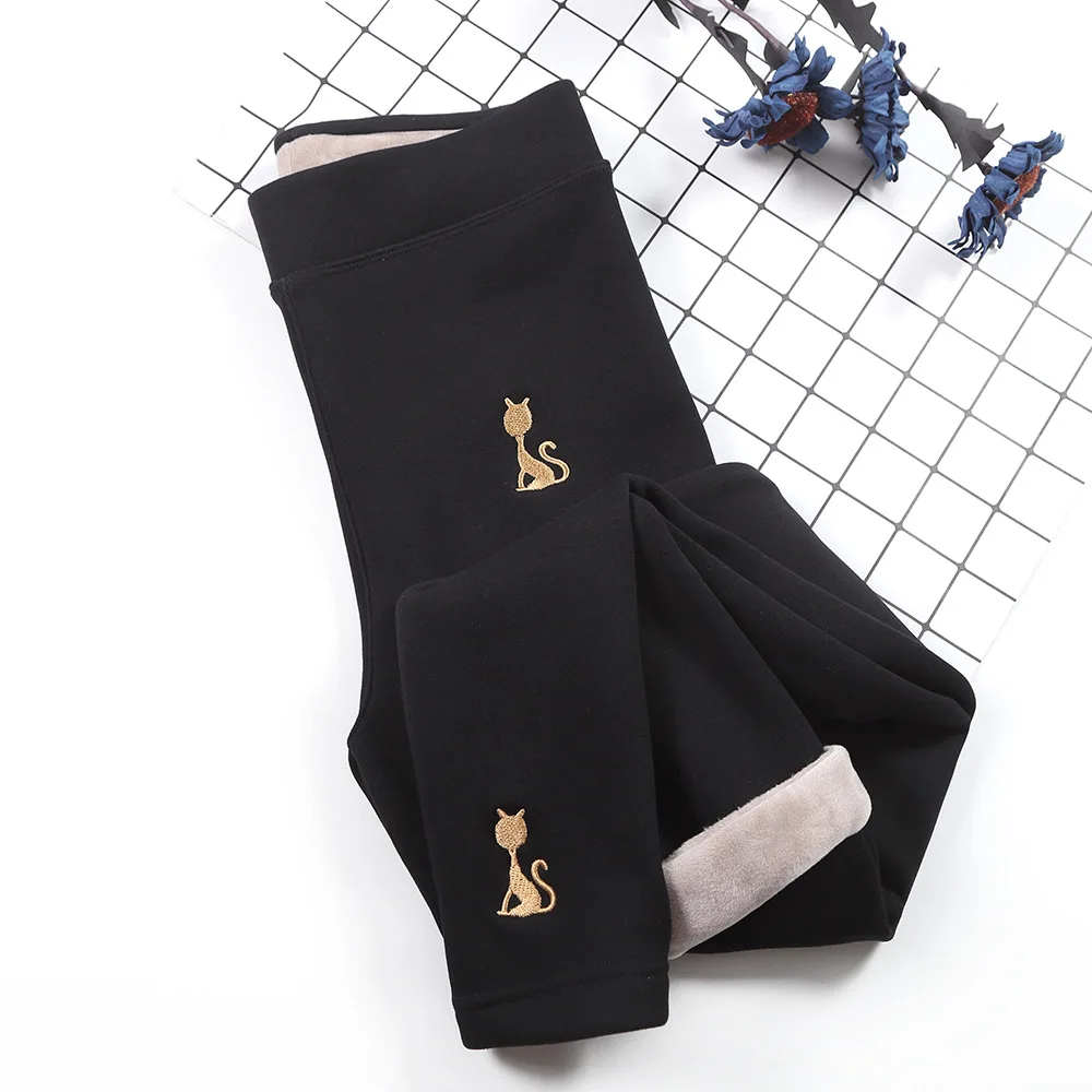 

Бархатные хлопковые леггинсы с вышивкой кошки, женские осенне-зимние мягкие флисовые облегающие спортивные теплые леггинсы, теплые брюки