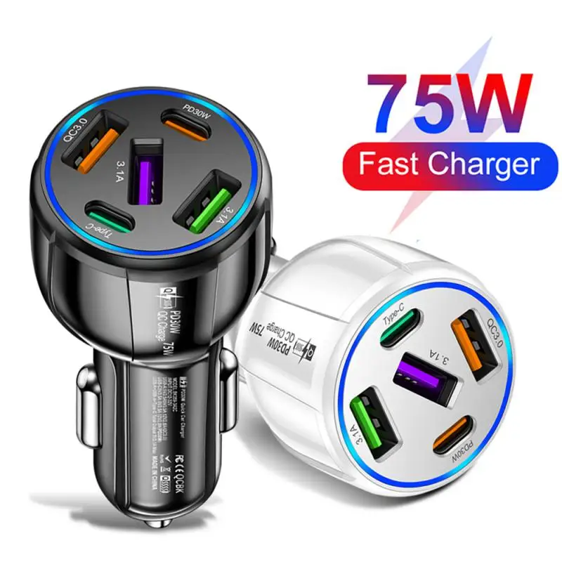 

75W 5 Ports Car Phone Charger Fast Charging In Car PD QC3.0 USB C Type C Car Super Fast Charger For Iphone Samsung Huawei Xiaomi