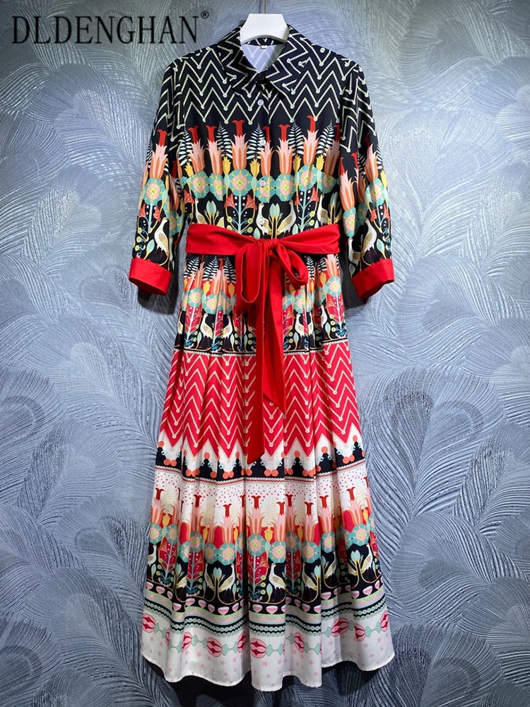 

DLDENGHAN Women Dress Turn-down Collar Lantern Sleeve Sashes Flowers Print Vintage Midi Dresses Fashion Runway Summer New