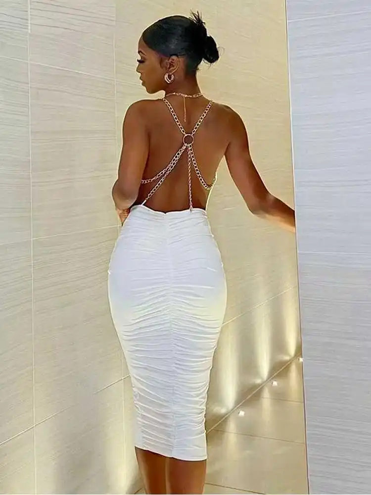 

Сексуальное облегающее платье миди с открытой спиной и лямкой на шее, женские элегантные белые облегающие Вечерние черные платья с рюшами