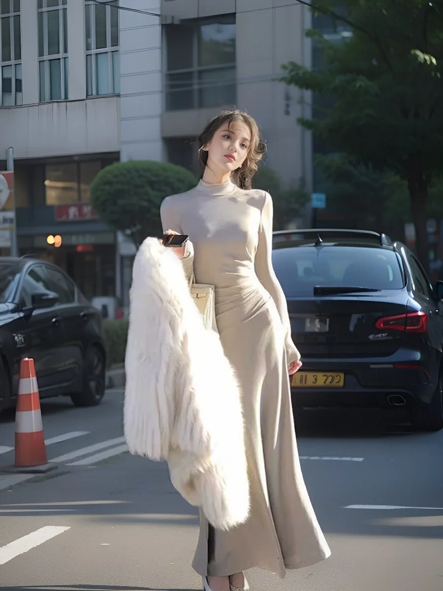 Французское вязаное платье с квадратным воротником и длинными рукавами женское