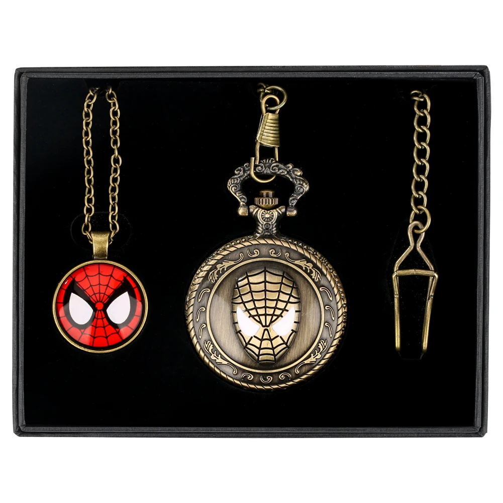 Bronze Pocket Watch Necklace with Pendant 3D Hero Figure Engraved Case Quartz Fob Watch Chain Gift for Men Reloj De Bolsillo