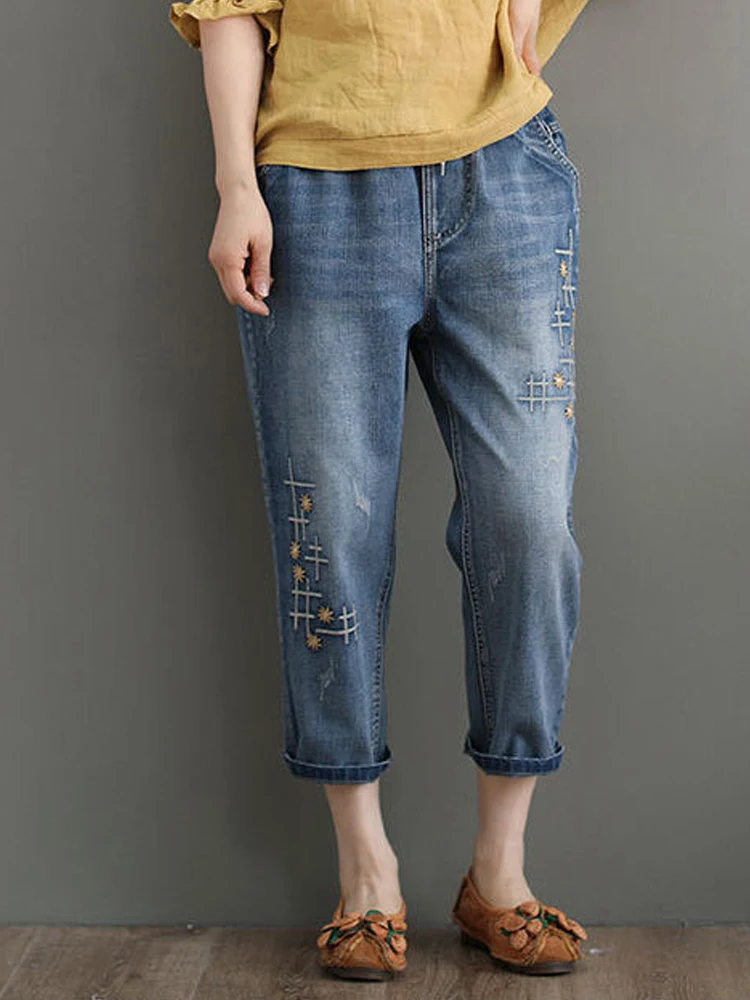 

Summer autumn new 2023 elastic waist nine-point jeans female fat sister loose high waist embroidery harem pants