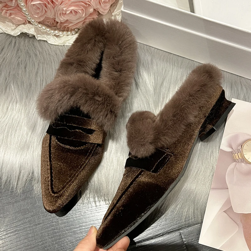 

Suede Pointed Toe Loafers Flats Shoes Fur Winter 2024 Soft Fashion Cotton Office Shoes Casual Walking Designer Women Snow Boots
