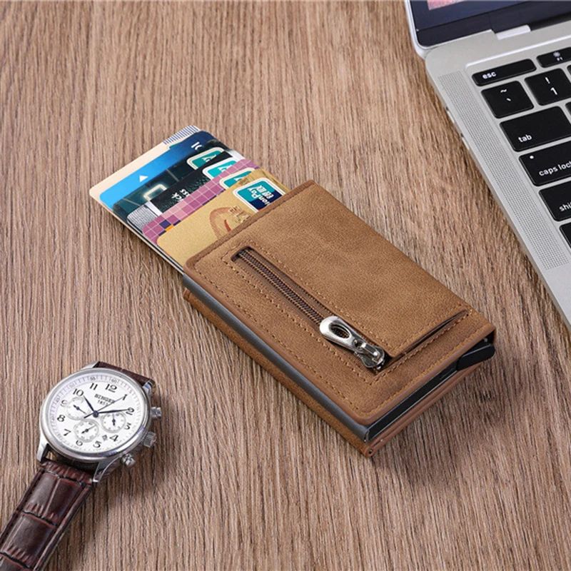 New Arrival Men RFID Wallet Antitheft Aluminum Box Card Holder PU Leather Pop Up Card Case Black Brown Blue Magnet Coin Purse